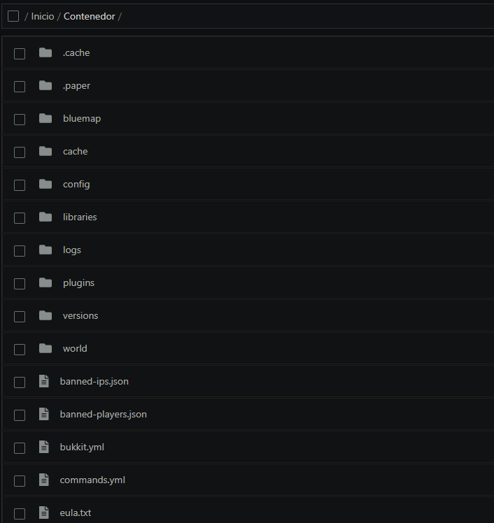 Gestor de archivos con carpetas de plugins, mundos, registros y configuraciones del servidor