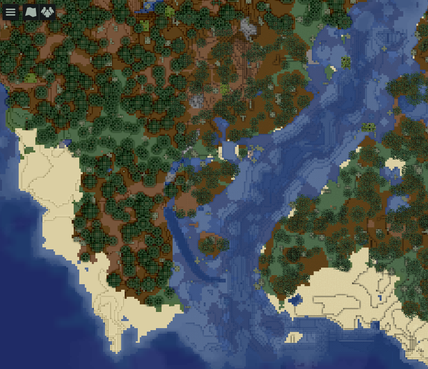 Mapa de Minecraft con un río, bosques, caminos y construcciones vistos desde el navegador